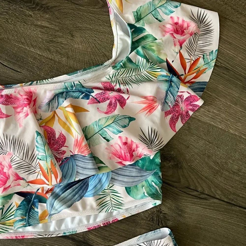 Floral  Ruffle Bikinis  Women Tropical Flounce Swimsuit High Waist Swimwear M